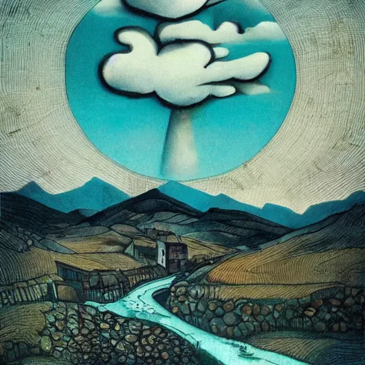 Image similar to The print is of a small village with a river running through it. In the distance, there are mountains. The sky is clear and the sun is shining. dada by Mab Graves, by Rafael Zabaleta funereal, turbulent