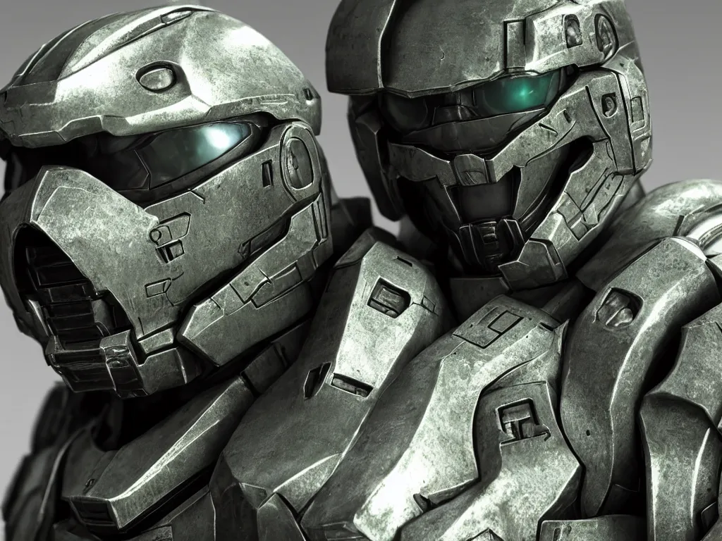 Image similar to master chief bust shot, studio photo, 3 d render, unreal engine, stunning scene, hdr, dynamic lighting, chrome, metallic, shiny, reflective, 8 k