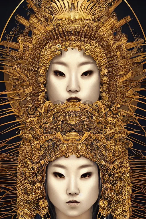 Image similar to hyper realistic portrait photo of ameterasu the sun goddess of japan, portrait shot, intricate detail