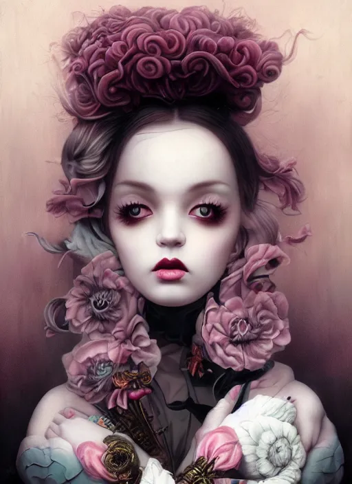 Image similar to pop surrealism, lowbrow art, realistic cute girl painting, japanese street fashion, hyper realism, muted colours, rococo, natalie shau, loreta lux, tom bagshaw, mark ryden, trevor brown style,