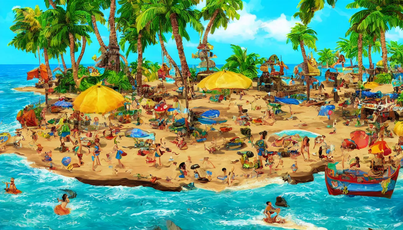 Image similar to a tropical beach scene, The curse of monkey island, high detail, colorful