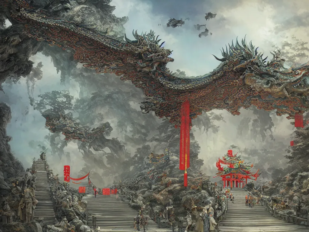 Image similar to tang dynasty shinto gate at the top of many stone steps, a chinese dragon flies behind by peter mohrbacher and dan mumford and nekro, cgsociety, volumetric light, 3 d render