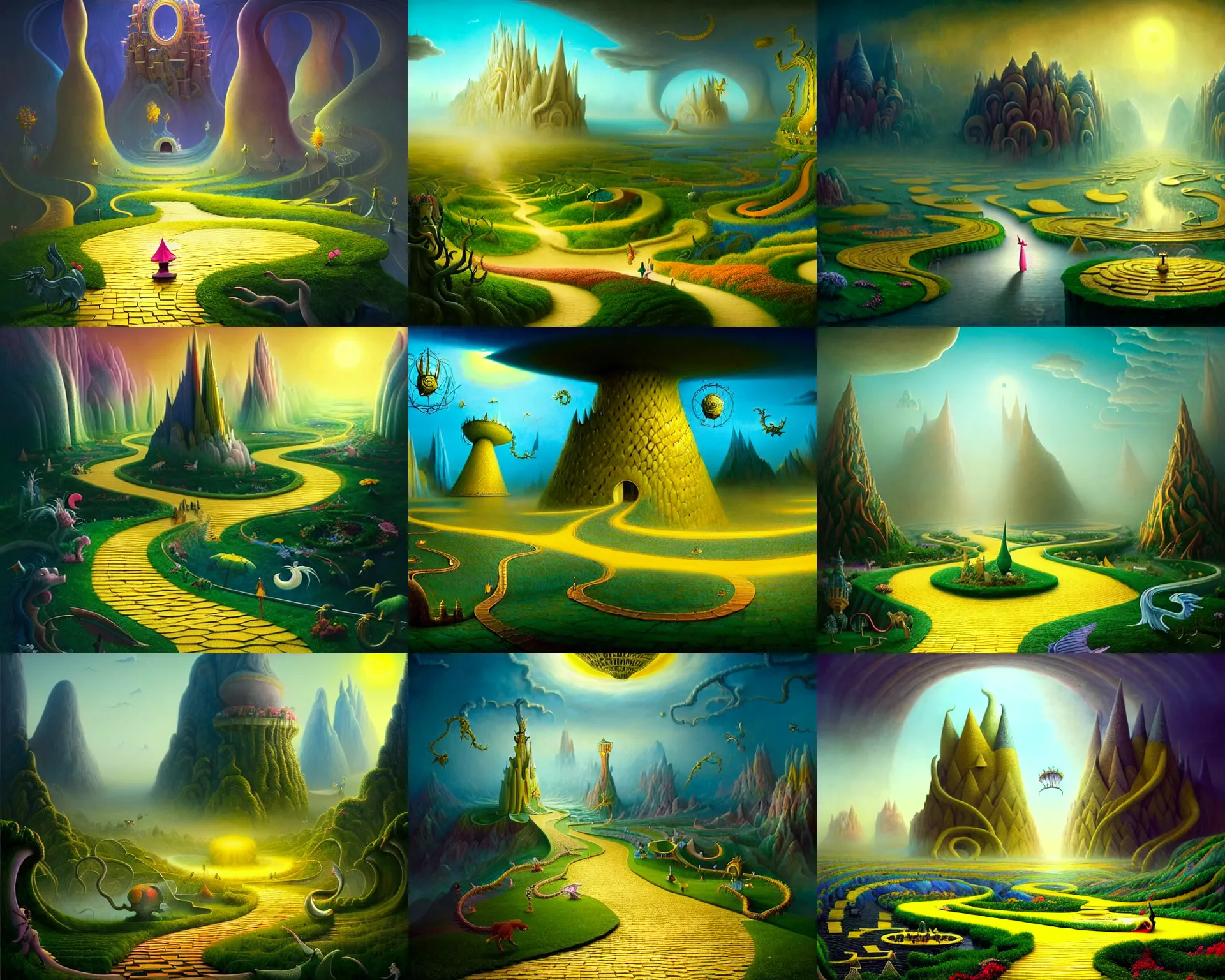 Prompt: a beguiling epic stunning beautiful and insanely detailed matte painting of the impossible winding path yellow brick road into dream worlds with surreal architecture designed by Heironymous Bosch, dream world populated with mythical whimsical creatures, mega structures inspired by Heironymous Bosch's Garden of Earthly Delights, vast surreal landscape and horizon by Asher Durand and Cyril Rolando and Filip Hodas, masterpiece!!!, grand!, imaginative!!!, whimsical!! intricate details, sense of awe, elite, wonder, insanely complex, masterful composition!!!, sharp focus, fantasy realism, dramatic lighting