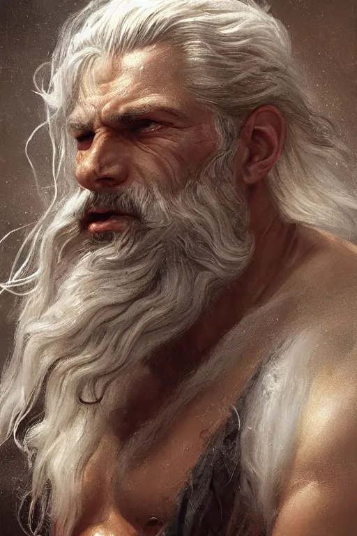 Image similar to painted portrait of rugged zeus, god of thunder, greek god, white hair, masculine, mature, handsome, upper body, muscular, hairy chest, fantasy, intricate, elegant, highly detailed, digital painting, artstation, concept art, smooth, sharp focus, illustration, art by gaston bussiere and greg rutkowski