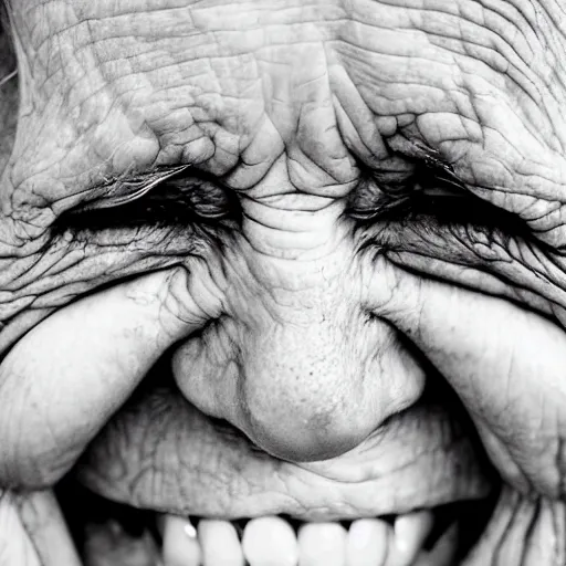 Prompt: an extreme close-up of a smiling old woman