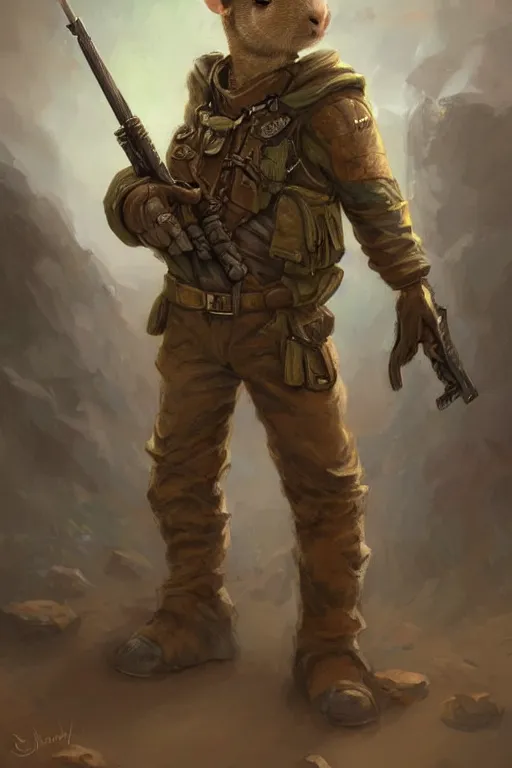 Image similar to cute little anthropomorphic Guinea Pig Army Ranger, wielding an M4, tiny, small, short, Desert camouflage, cute and adorable, pretty, beautiful, DnD character art portrait, matte fantasy painting, DeviantArt Artstation, by Jason Felix by Steve Argyle by Tyler Jacobson by Peter Mohrbacher, cinematic lighting