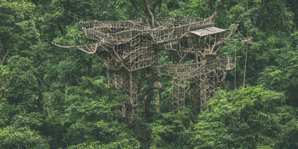 Prompt: a vast treehouse city built in an ancient forest, rope bridges, 8 k, shallow depth of field, intricate detail,