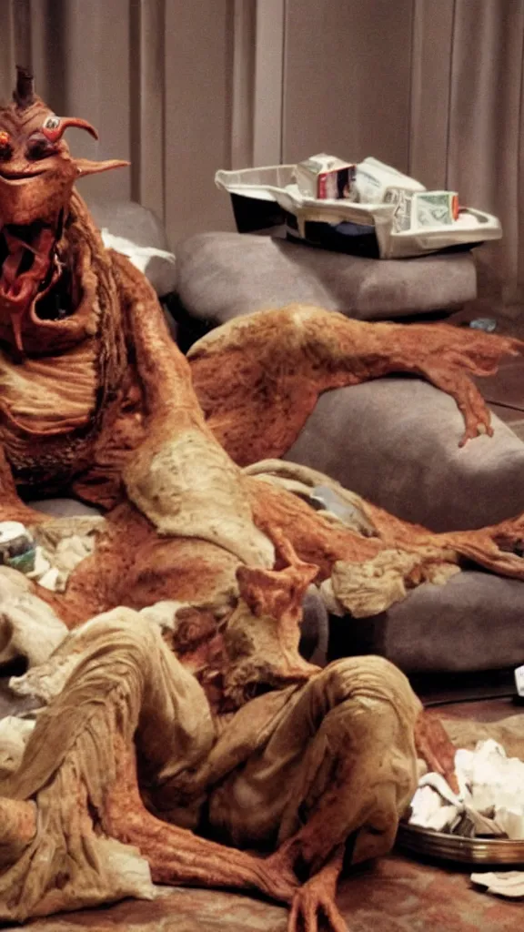 Image similar to jar jar binks lounging on his sofa in a dimly lit room, with fast food packaging strewn all over the floor