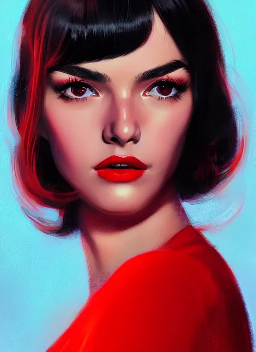 Image similar to portrait of veronica lodge with bangs, 1 9 6 0 s, long hair, red clothes, bangs, intricate, elegant, glowing lights, highly detailed, digital painting, artstation, concept art, smooth, sharp focus, illustration, art by wlop, mars ravelo and greg rutkowski