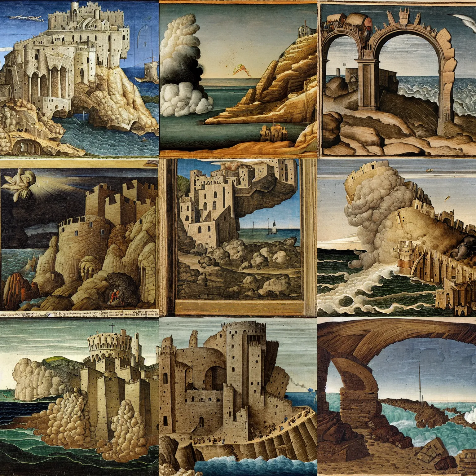 Prompt: a nuklear bomb explodes in a fortress on a steep rock in the ocean, by crivelli, carlo
