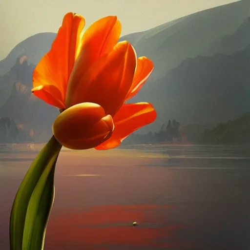 Prompt: orange Tulip with a lake view, intricate, highly detailed, digital painting, artstation, concept art, smooth, sharp focus, illustration, Unreal Engine 5, 8K, art by artgerm and greg rutkowski and alphonse mucha