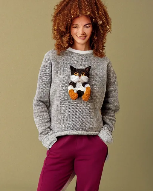 Image similar to a sweatshirt with a crochet cat on the front, catalogue photo,