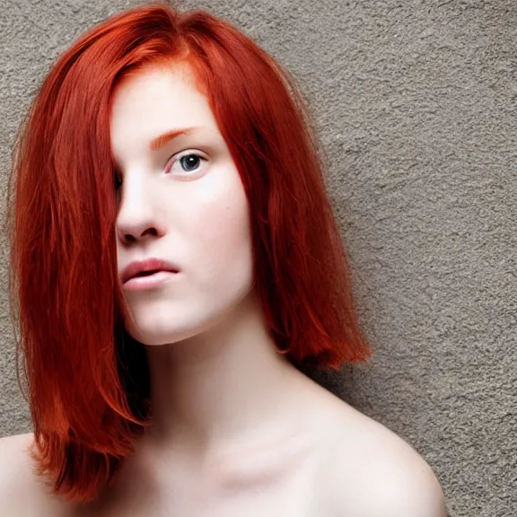 Image similar to portrait of a plain looking young white female model red hair and uneven skintone and a round shaped face