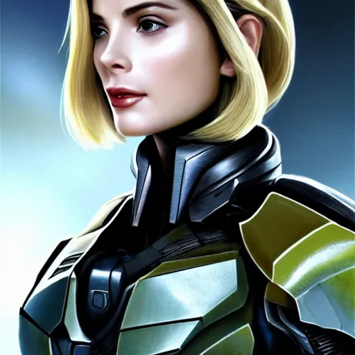 Image similar to A combination of Ashley Greene's and Ada Wong's and Grace Kelly's appearances with blonde hair wearing Forerunner armor from Halo, high tech, action shot, angular, full body portrait, futuristic, dramatic, fantasy, intricate, elegant, highly detailed, artstation, matte, sharp focus, 8K, art by Artgerm and Greg Rutkowski and Alphonse Mucha