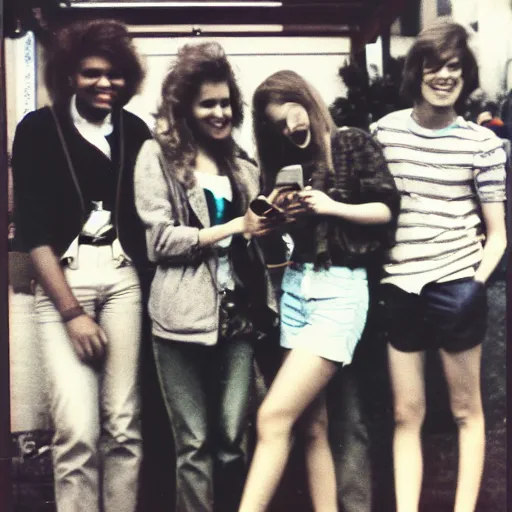 Image similar to Polaroid photograph of stylish college students, taken in 1986