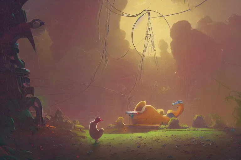 Prompt: giant broken robotic duck and little boy, illustrated by simon stalenhag and gaston bussiere, 3 5 mm lens, beautiful macro close - up imagery, rule of third, vibrantly lush neon lighting, beautiful volumetric - lighting - style atmosphere, a futuristic rural atmosphere, intricate, ultra detailed, photorealistic imagery, trending on artstation, 4 k, 8 k