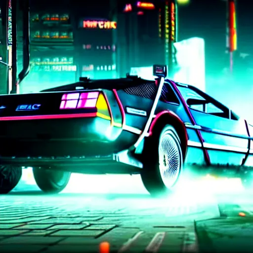 Image similar to flying dmc 1 2 delorean in cyberpunk 2 0 7 7