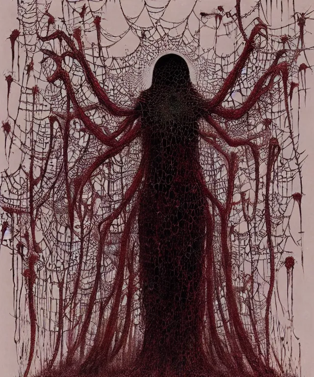 Image similar to a woman standing all covered in spiders, incredible number of spiders. extremely high details, many spider eyes, realistic, horror, creepy, web, masterpiece, art by hermann nitsch, zdzislaw beksinski, dariusz zawadzki, giger, dragan bibin, ed binkley