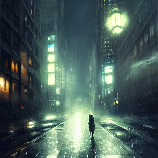 Prompt: nighttime in gotham city, wet pavement, looking upwards, light mist, fantasy, intricate, elegant, digital painting, trending on artstation, concept art, soft focus, illustration by greg rutkowski, Gaston Bussiere and artgerm, 4k.