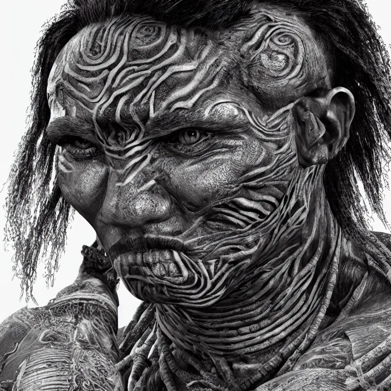 Image similar to surreal spinal ribbed tribal exotic organic face portrait of a beautiful aboriginal man, beautiful detailed intricate insanely detailed BW 3D render digital art, octane render, 8K artistic photography, photorealistic