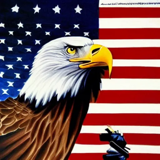 Prompt: alex ross painting crying bald eagle in front of american flag, proud, heroic