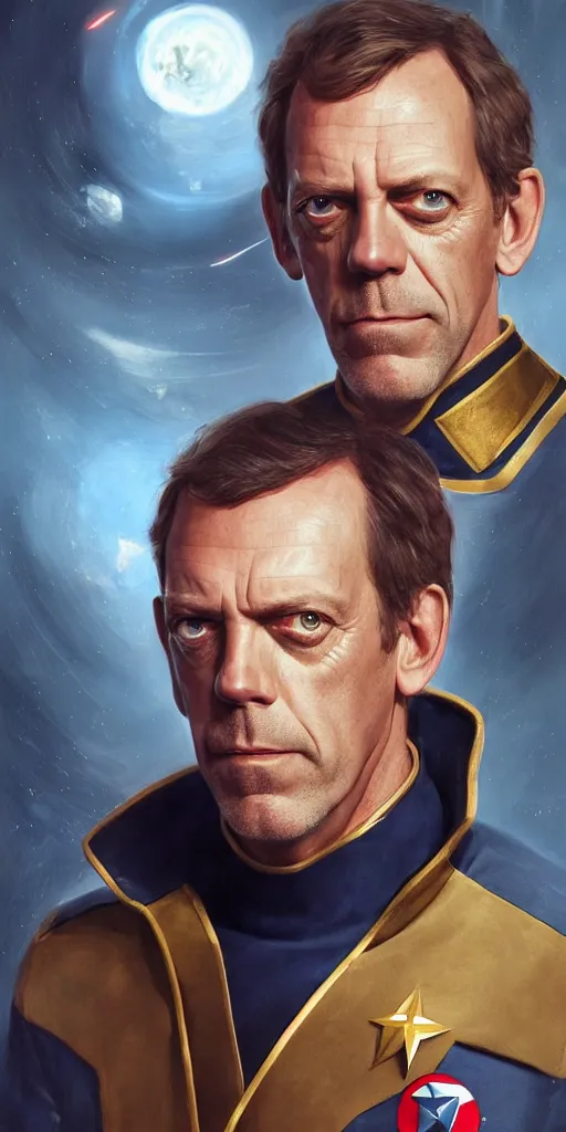 Image similar to portrait of Hugh Laurie wearing his starfleet captains uniform, close face shot, realistic character concept, high fantasy, light atmosphere, golden ratio, cinematic lighting, hyperdetailed, high resolution, insanely detailed and intricate, artstation, Marc Simonetti, Greg Rutkowski