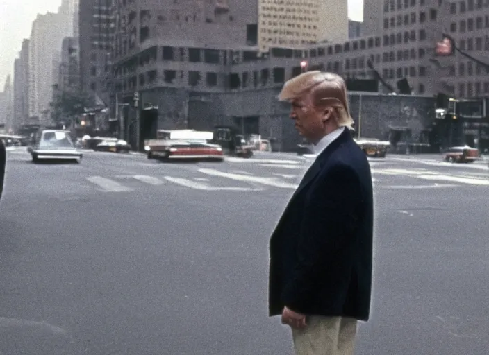 Image similar to screenshot wide shot from moody scene of Donald Trump pensive in New York streets from the film Taxi Driver 1976 directed by Martin Scorcese, kodak film stock, anamorphic lens, 4K, detailed, stunning cinematography and composition, 70mm