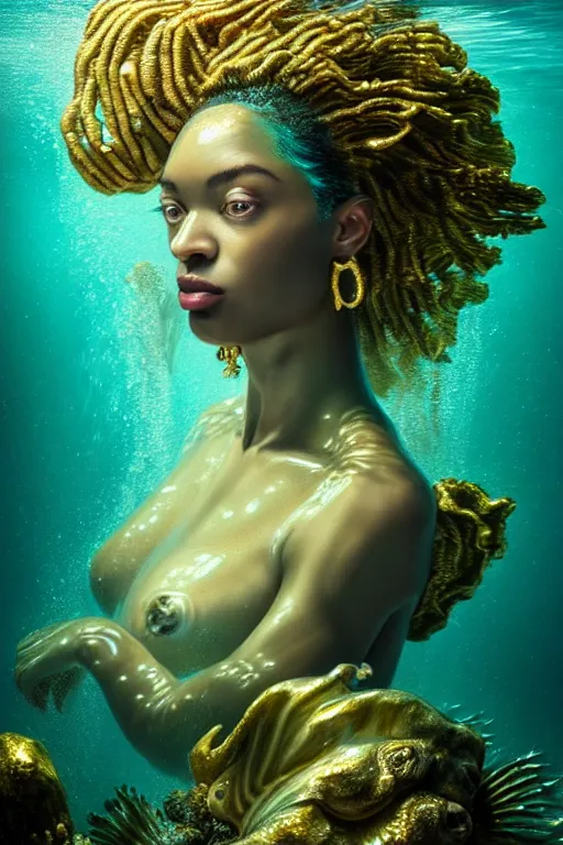 Image similar to hyperrealistic post - rococo cinematic half underwater scene with fish and algae, very expressive! translucent elegant african goddess getting out of water, gold jewerly, highly detailed face, digital art masterpiece, aykut aydogdu zener, dramatic volumetric light, long shot, low angle uhd 8 k, sharp focus