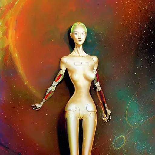 Prompt: blonde beautiful girl looks like robot floating in the cosmos with cosmic energy by tim walker and craig mullins,