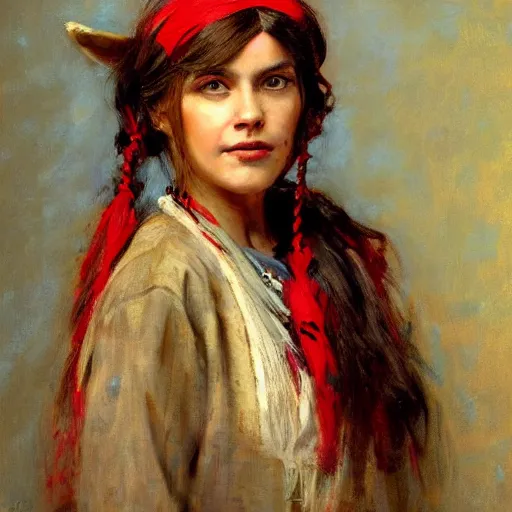 Image similar to Solomon Joseph Solomon and Richard Schmid and Jeremy Lipking victorian genre painting portrait painting of a happy young beautiful woman traditional american indian actress model old west character in fantasy costume, red background