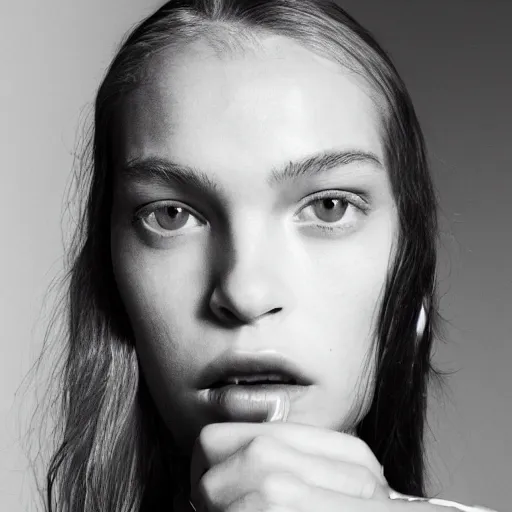 Prompt: close up of face of female fashion model sitting on chair, official jil sander editorial