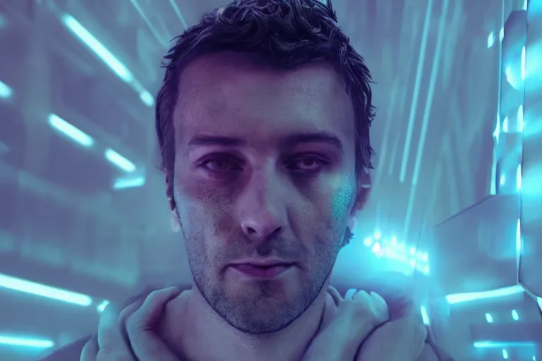 Prompt: VFX movie of a futuristic hacker closeup portrait in high tech compound, beautiful natural skin neon lighting by Emmanuel Lubezki