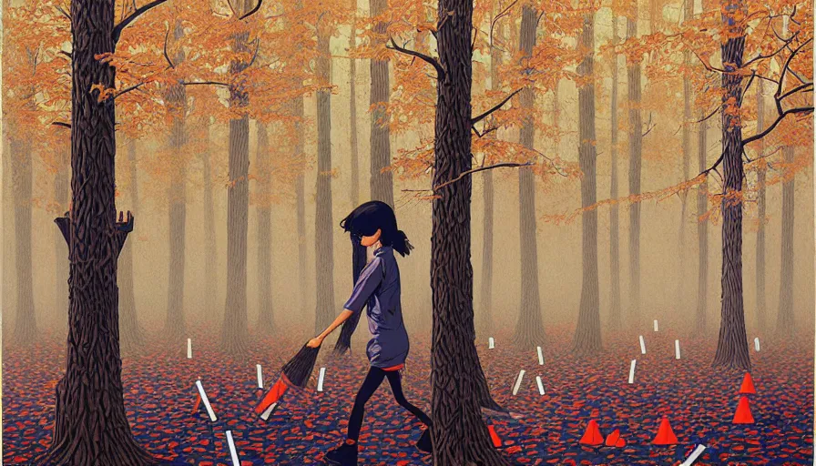 Image similar to safety cones scattered around an oak tree forest, by james jean by ilya kuvshinov kintsugi, hyper detailed surrealist painting