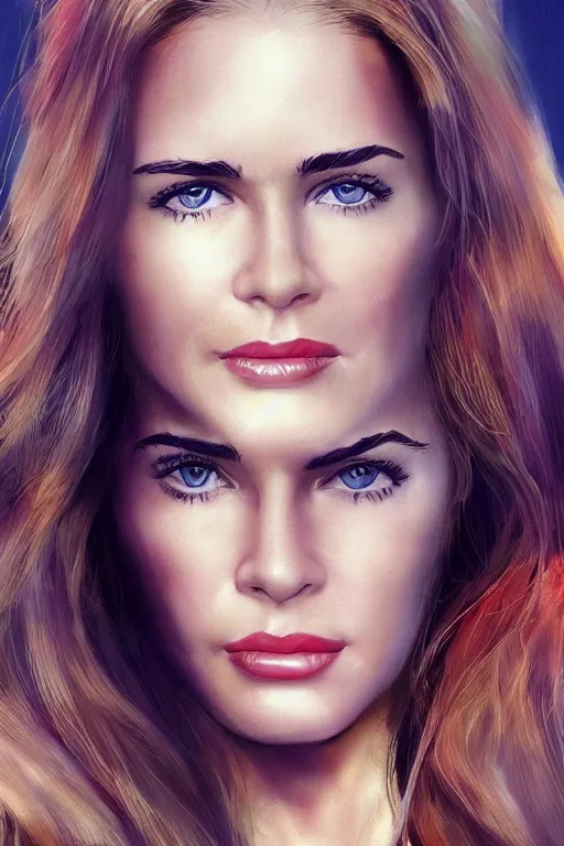 Image similar to mix of beautiful young maria shriver, mariel hemmingway, brooke shields, nicole kidman and elle macpherson as a young bikini model, thin lips, hair tied up in a pony tail, dark blonde hair, colorful, artstation, cgsociety