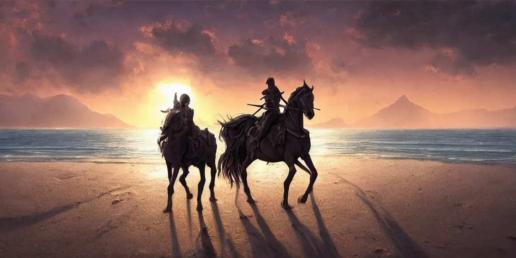 Image similar to a knight riding a horse running on a beach at sunset by greg rutkowski, hyperrealistic, concept art, octane render, unreal engine 5, trending on artstation, high quality, highly detailed, 8 k, dramatic lighting, path traced, anatomically correct, digital art, epic image, cinematic, high coherence, godrays, complementary colors, natural lighting