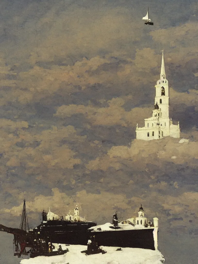 Image similar to a large dieselpunk airship standing over a white church in russia in 1 9 1 0, by winslow homer and levitan, oil on canvas painting