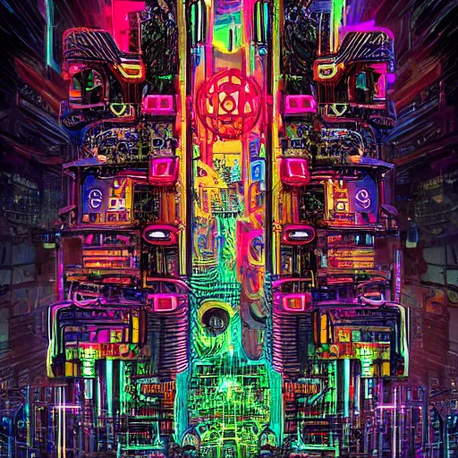 Image similar to complex totem to the machine god, outside, cyberpunk, symmetrical, coherent, hyper detailed, layered very far shot, ominous lighting, colorful