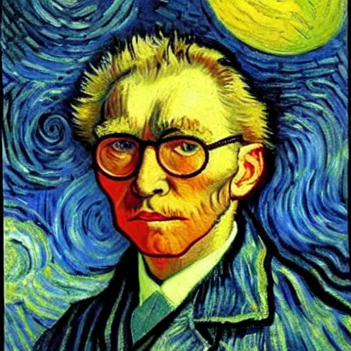 Prompt: A painting of Harry Carey gazing at the moon by Van Gogh (1884)