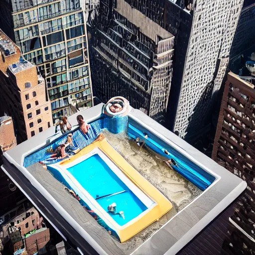 Prompt: sitting in a small kiddie pool that is falling 5 0 0 feet above nyc