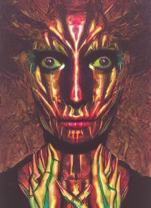 Prompt: tripping magic cult psychic woman, painted face, third eye, energetic consciousness psychedelic, epic surrealism expressionism symbolism, symmetrical face, dark myth mythos, by bill henson, masterpiece