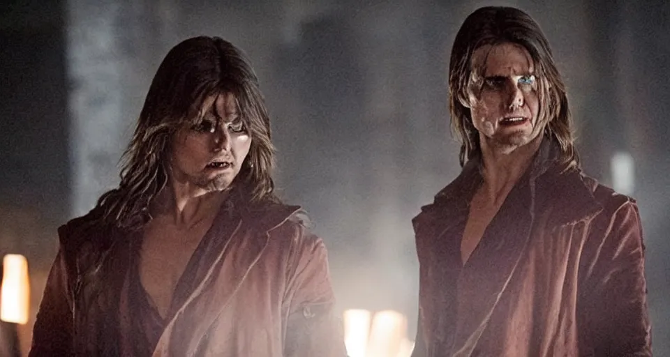 Prompt: tom cruise as the mummy fighting jared leto as morbius, film still