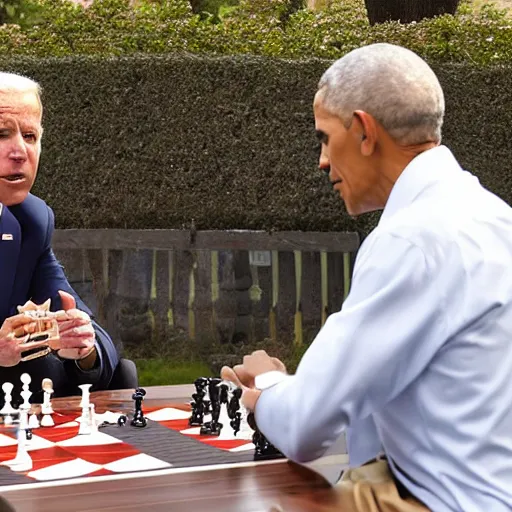 Prompt: joe biden playing a game of chess with obama , 4k , 8k