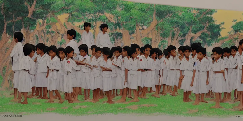 Image similar to sri lankan school kids, drawn by hayao miyazaki, rule of thirds