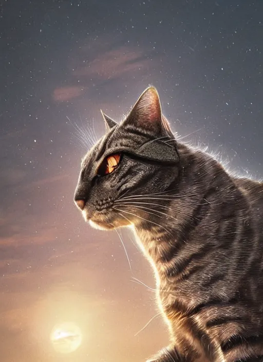 Image similar to giant cyborg cat on a dusky land, art by artgerm and greg rutkowski, cinematic shot, intricate, ornate, photorealistic, ultra detailed, trending artstaition, realistic, 1 0 0 mm, photography, octane, high definition, depth of field, bokeh, 8 k