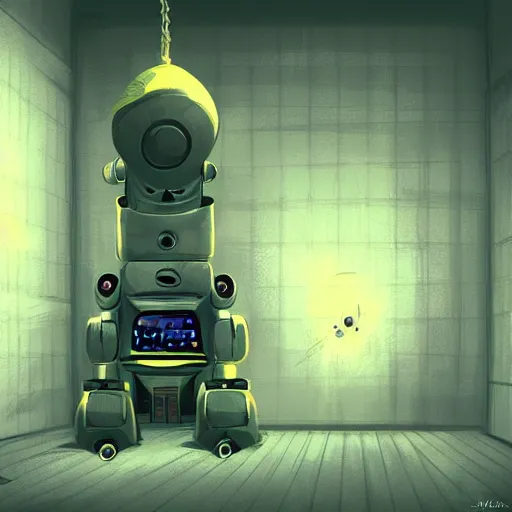 Prompt: huge robot in scary room, digital art, concept art