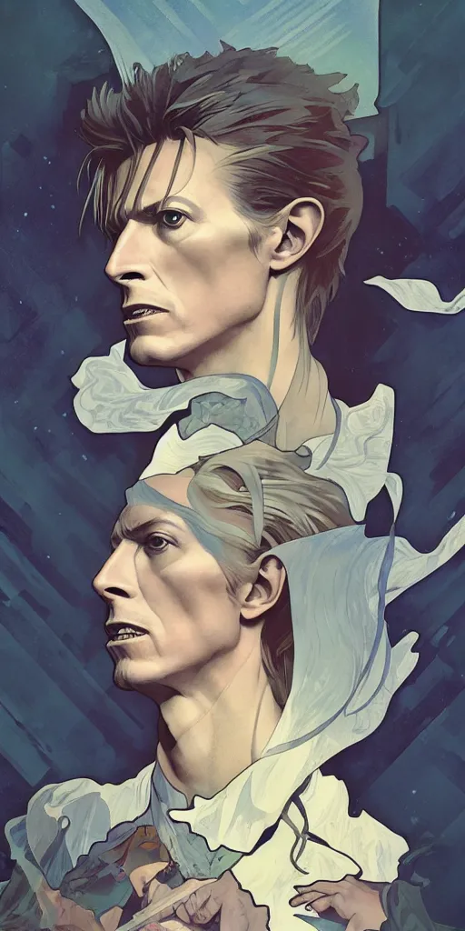 Image similar to Poster artwork, David Bowie, medium shot, details, sharp focus, illustration, by Jordan Grimmer and Alphonse Mucha and greg rutkowski and PiNe (パイネ) and 薯子 Imoko and 香川悠作 and maya takamura, intricate, beautiful, Trending on artstation, pixiv, digital Art