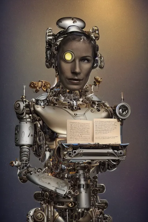 Image similar to a beautiful intricate fine art portrait photo of a happy mechanical futuristic cybernetic humanoid reading a letter of good news, by tom bagshaw and anna dittman, eyes light up, perfection!, studio lighting, golden ratio composition, 3 5 mm lens, bionic robot overgrown with flowers, cybernetic scifi, deep depth of field, artstation, 8 k