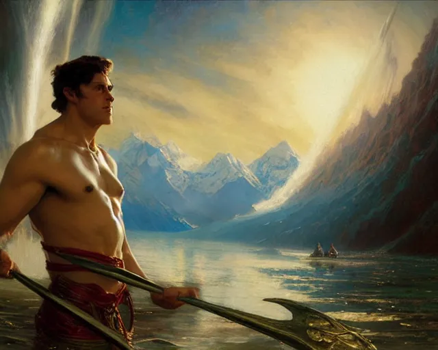 Image similar to attractive male wizard casting powerful giant tsunami spell in a beautiful lake. highly detailed painting by gaston bussiere, craig mullins, j. c. leyendecker 8 k