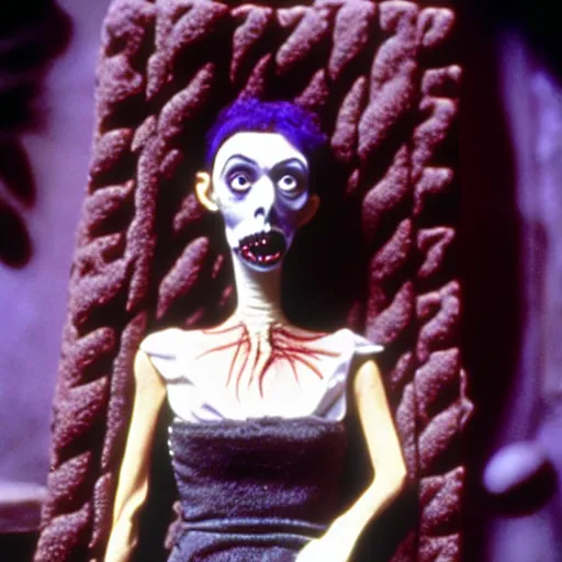 Prompt: claymation jacinda arden by jan svankmajer, hyperrealistic, very detailed, tim burton, 3 5 mm film still, gothic, horror, eldritch