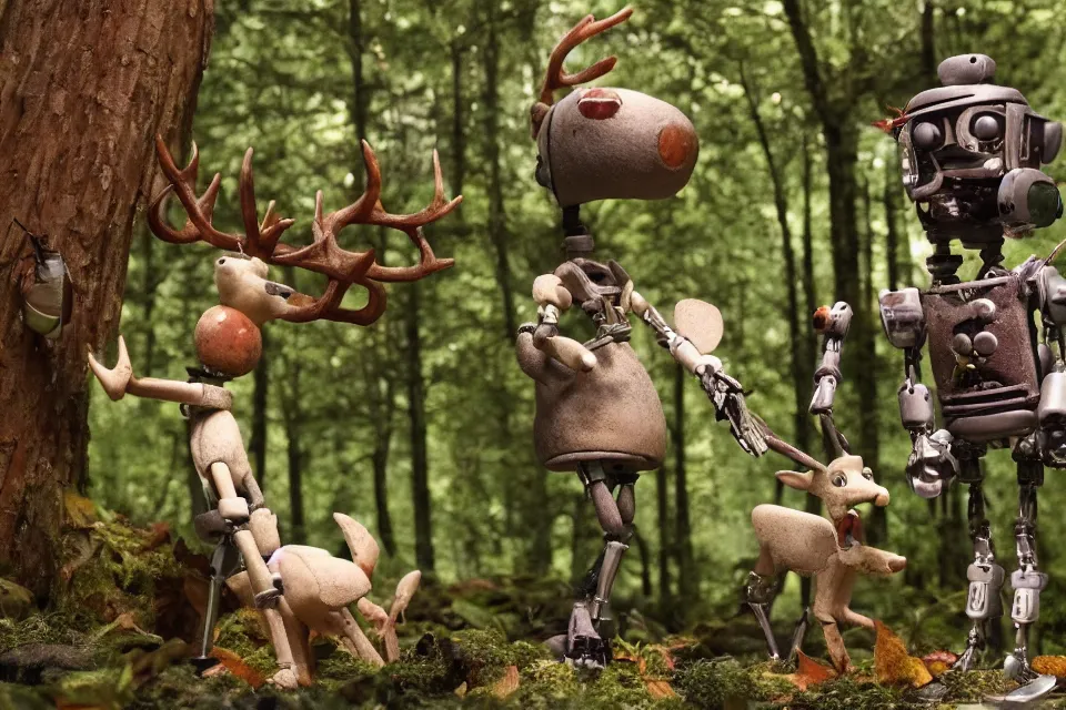 Prompt: a breathtaking claymation film still of a deer and a robot in the forest. claymation by bruce bickford